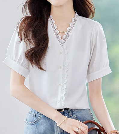 Women's White Lace Shirt - Short-Sleeved Lightweight Summer Top