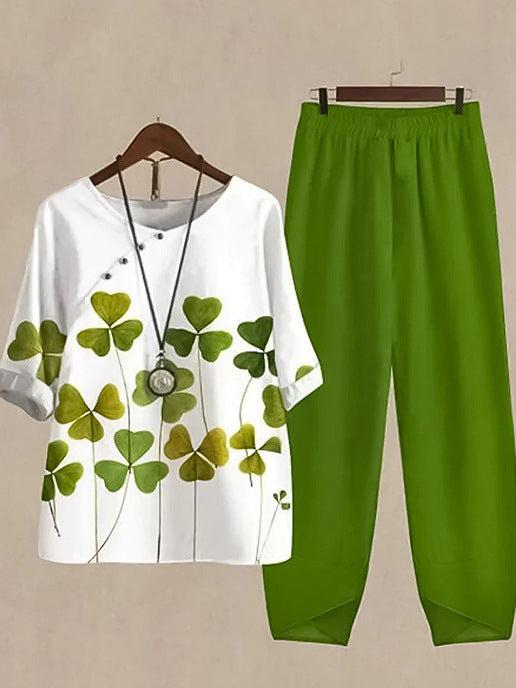 Women’s Printed Round Neck Short-Sleeve Top and Loose Pants Casual Two-Piece Set