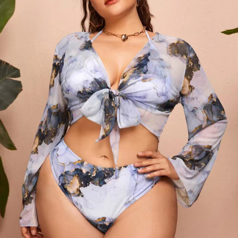 Plus Size Ink Print Three-Piece Bikini Swimsuit Set