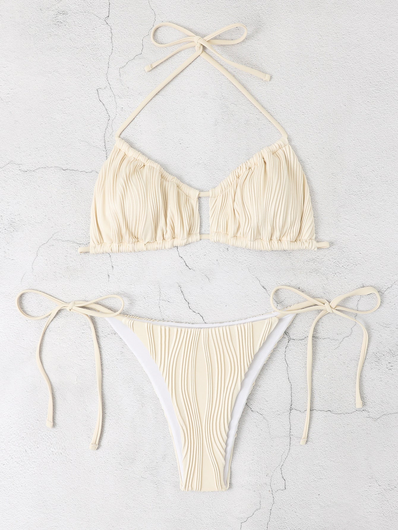 Solid Color Drawstring Lace-Up Halter Bikini Split Swimsuit
