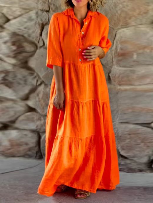 Women’s Solid Color Lapel Long Sleeve Button-Front Loose Fit Dress