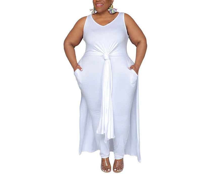 Plus Size Women's Sleeveless V-Neck Slim Skirt Suit – Solid Color Casual Set with Slit & Pockets