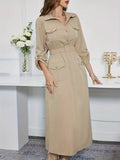 Women's Elegant Long Lapel Solid Color Waist Tie Long Sleeve Maxi Dress
