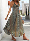 Women's Summer Printed Sling Dress with Lace Detail and Decorative Neck Casual Midi Dress