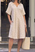 Women’s Summer New Polka Dot V Neck Short-Sleeved Casual Dress with Flap Pocket Pants Design