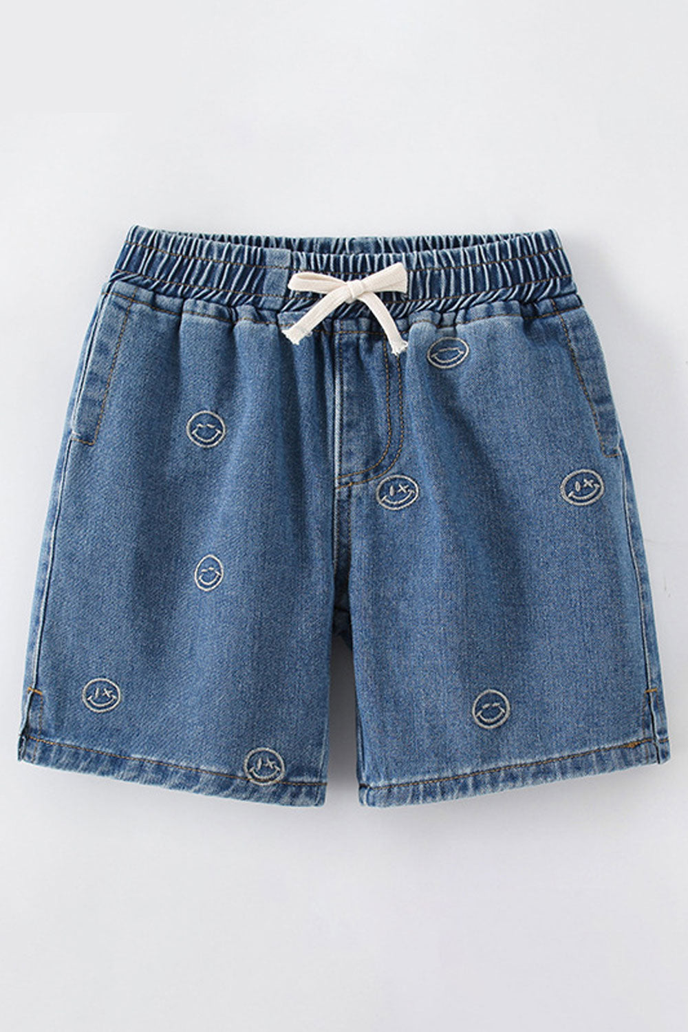 Kids Boys New Fashionable Middle Waist Elastic Belt Solid Color, Smily Face Pattern Sporty Summer Trendy Casual Tie-up Shorts