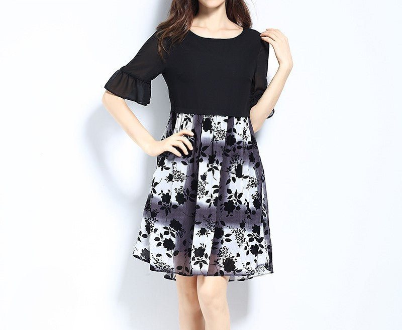 Elegant Summer Chiffon Floral A-Line Dress – Breathable, Casual, and Versatile Little Black Dress with Flowing Wide Skirt