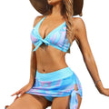 New Printed Mesh Gathered Three-Piece Bikini Set for Women