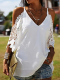 Summer Lace Shoulder V-Neck Sling Loose Fit Casual Top for Women
