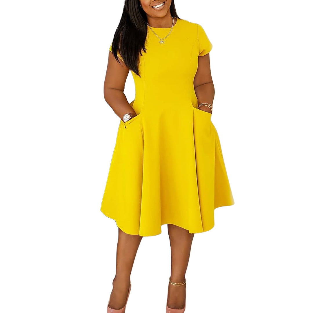 Women's Spring & Summer Casual Slim A-Line Midi Dress with Pockets – Round Neck