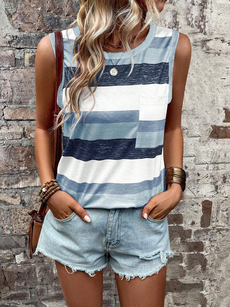 Women's Summer Striped Round Neck Sleeveless Vest Top – Comfortable Casual Everyday Wear