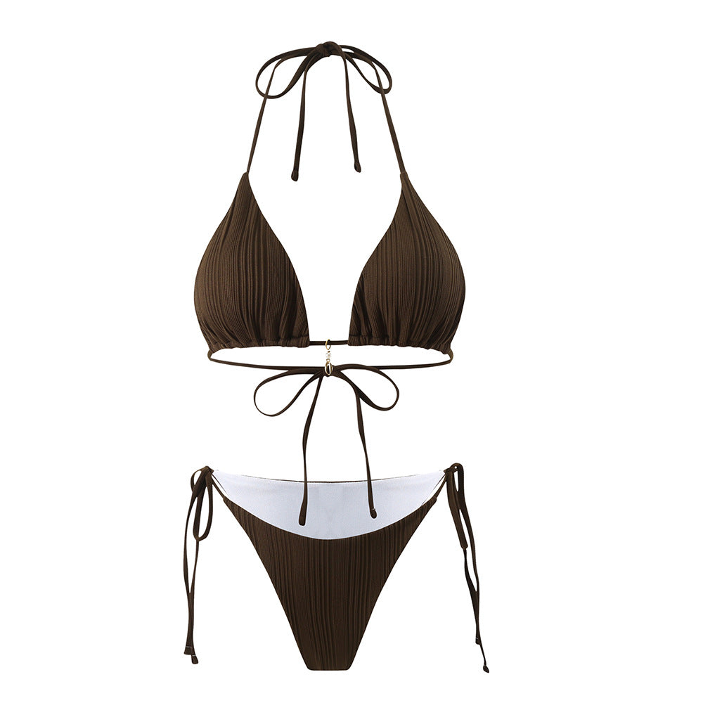 New Solid Color Bikini with Split Strap and Pure Neck - Beach Swimsuit