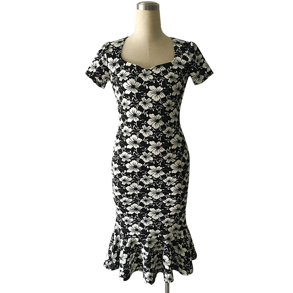 Women V Neck White Flower Fishtail Evening Dress