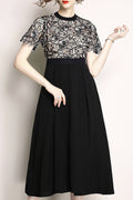 Women Short Sleeve Mid Length Solid Color Skirt Round Neck Convenient Lace Embroidery Dress