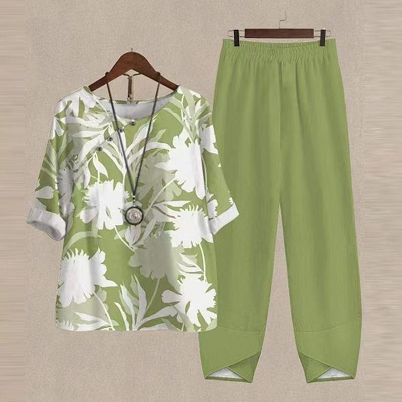Women's Summer Round Neck Short Sleeve Top and Solid Color Casual Pants Set