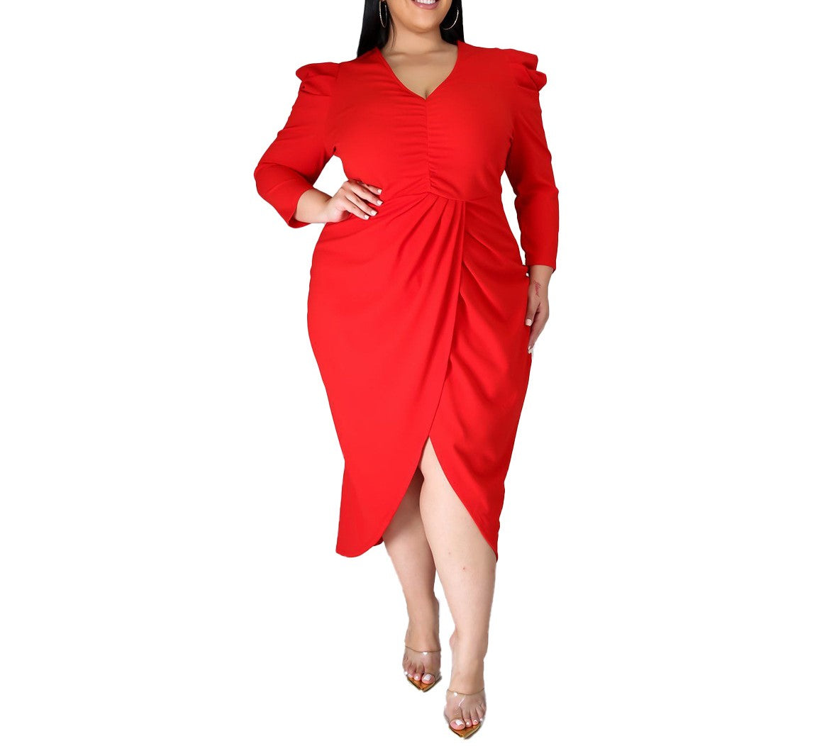 Plus Size V-Neck Solid Color Long Sleeve Dress for Women – Irregular Hem with Slit, Elegant Casual Fit