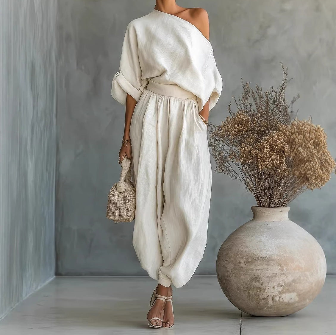 Solid Color Off-Shoulder T-Shirt with Pockets Casual Loose Two-Piece Set