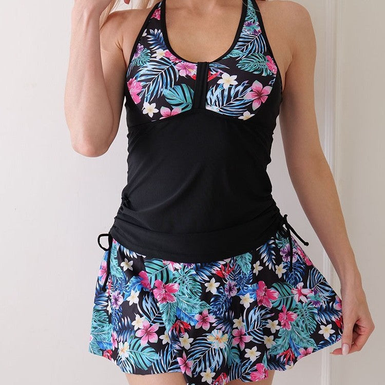 New Digital Printing Cross Shoulder Bikini Skirt Split Swimsuit
