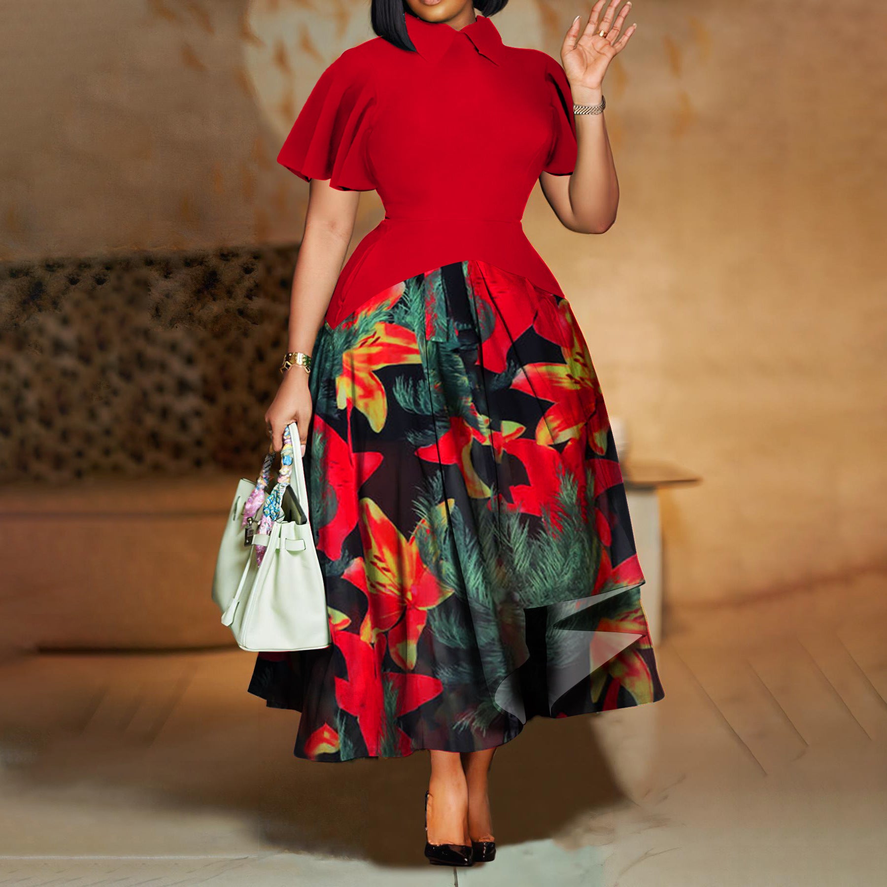 Women’s Summer Fashion Lapel Ruffle Sleeve Dress – Elegant Full Skirt African Print Plus Size Dress – Chic Temperament Casual &