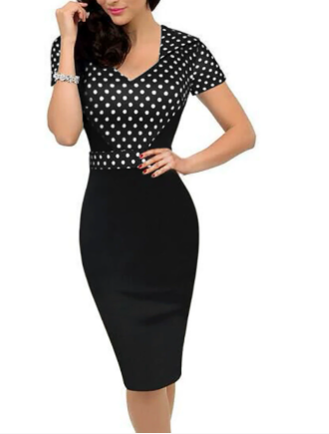 Women V Neck Short Sleeve Polka Dot Pencil Dress