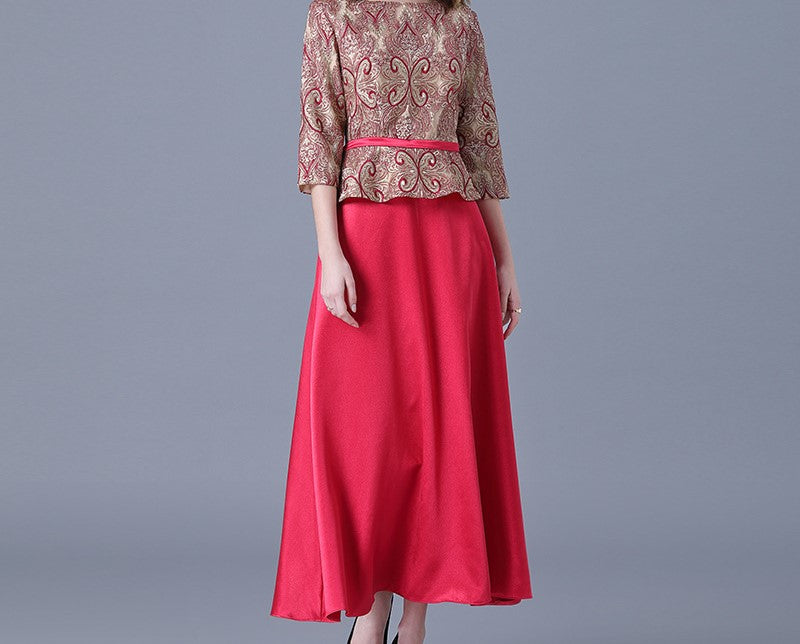 Elegant Red Embroidered Evening Dress for Middle-Aged and Elderly Women – Mother of the Bride/Groom Wedding Banquet Gown