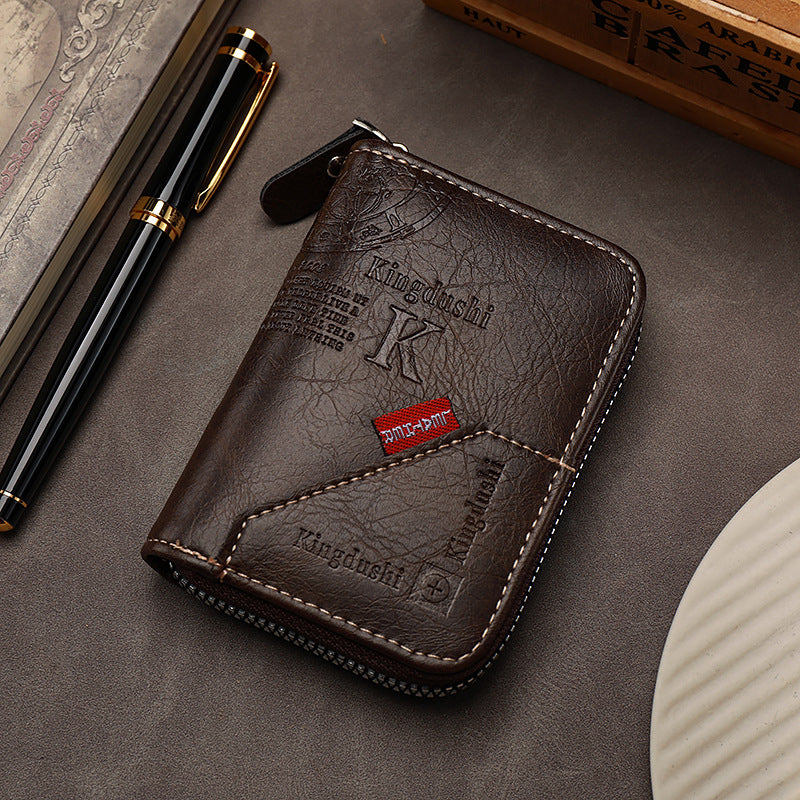 Men’s Genuine Leather Zipper Mini Document Bag – Compact Organ Card Holder Wallet with Textured Finish