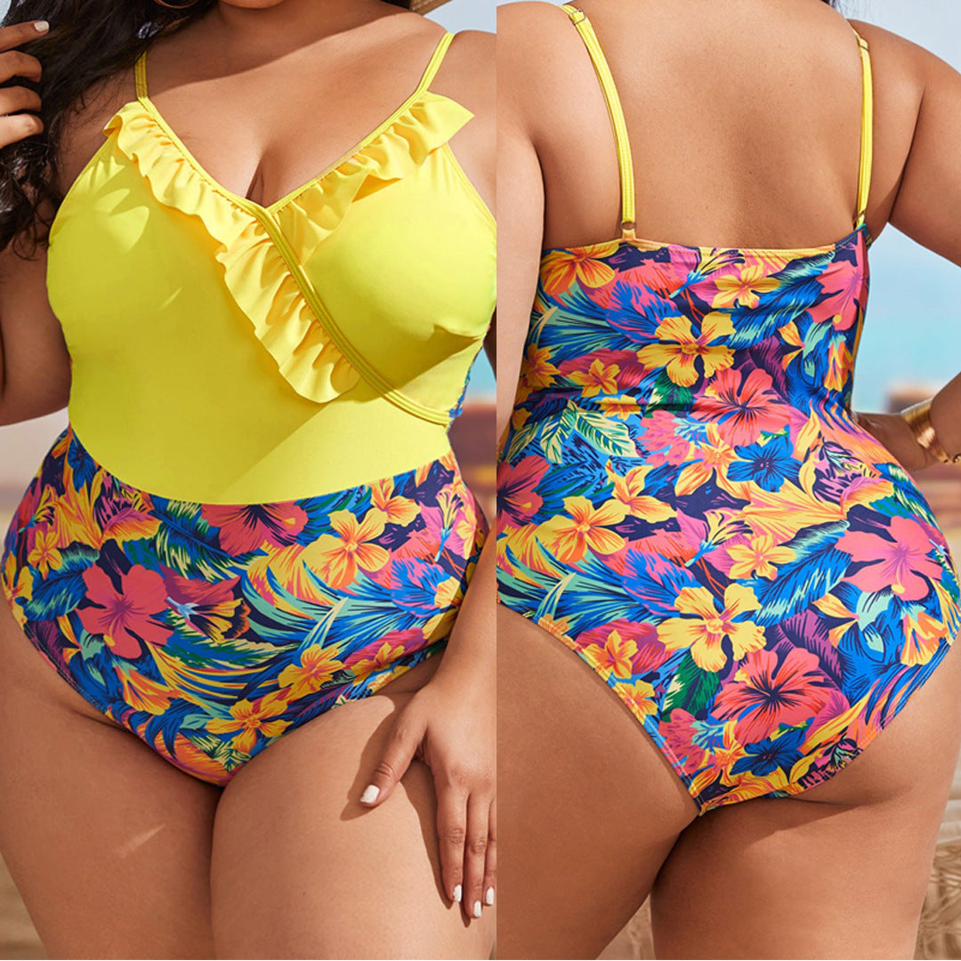 New Digital Print Push-Up Ruffle One-Piece Bikini Swimsuit for Women