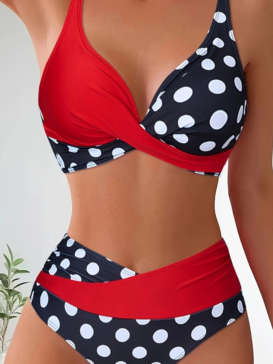 New Color Matching Wave Point Cross Backless Split Bikini Swimsuit for Women