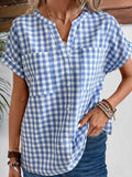 Women's Casual V-Neck Plaid Shirt – Loose Fit Short Sleeve Everyday Top