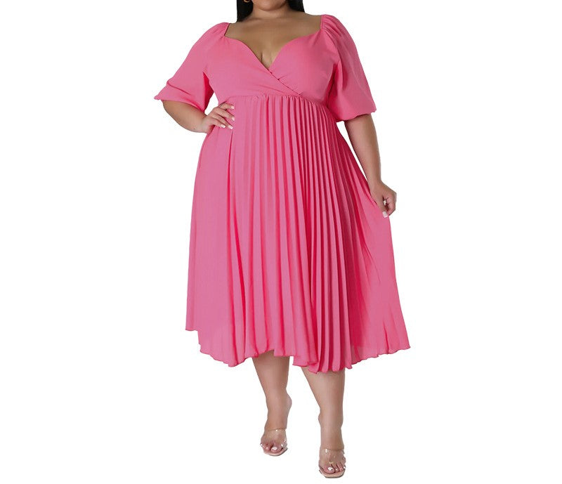 Women's Plus Size V-Neck Pleated Hem Short Sleeve Dress – Elegant Casual Flowy Midi Dress