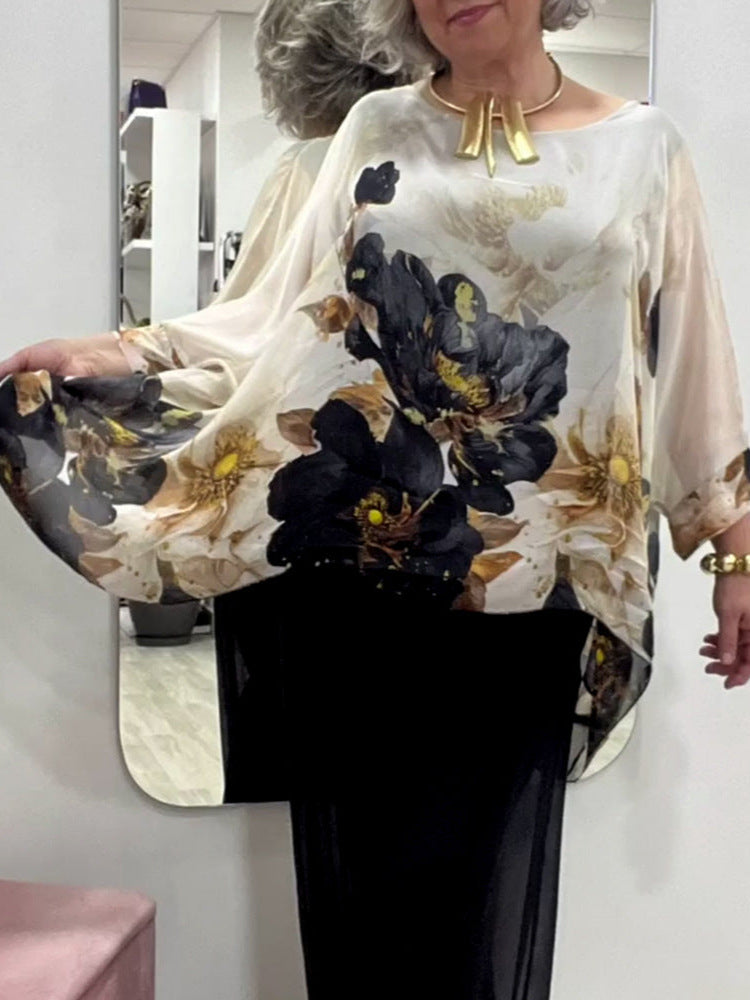 Women's Summer Loose-Fit Round Neck Long Sleeve Irregular Hem Floral Shirt Top