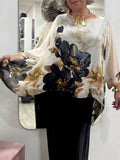 Women's Summer Loose-Fit Round Neck Long Sleeve Irregular Hem Floral Shirt Top