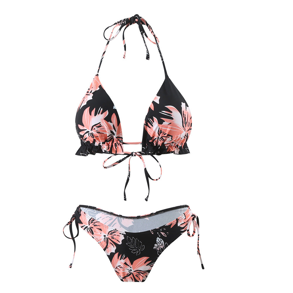 New Digital Print Double Shoulder Halter Strap Bikini Two-Piece Swimsuit for Women