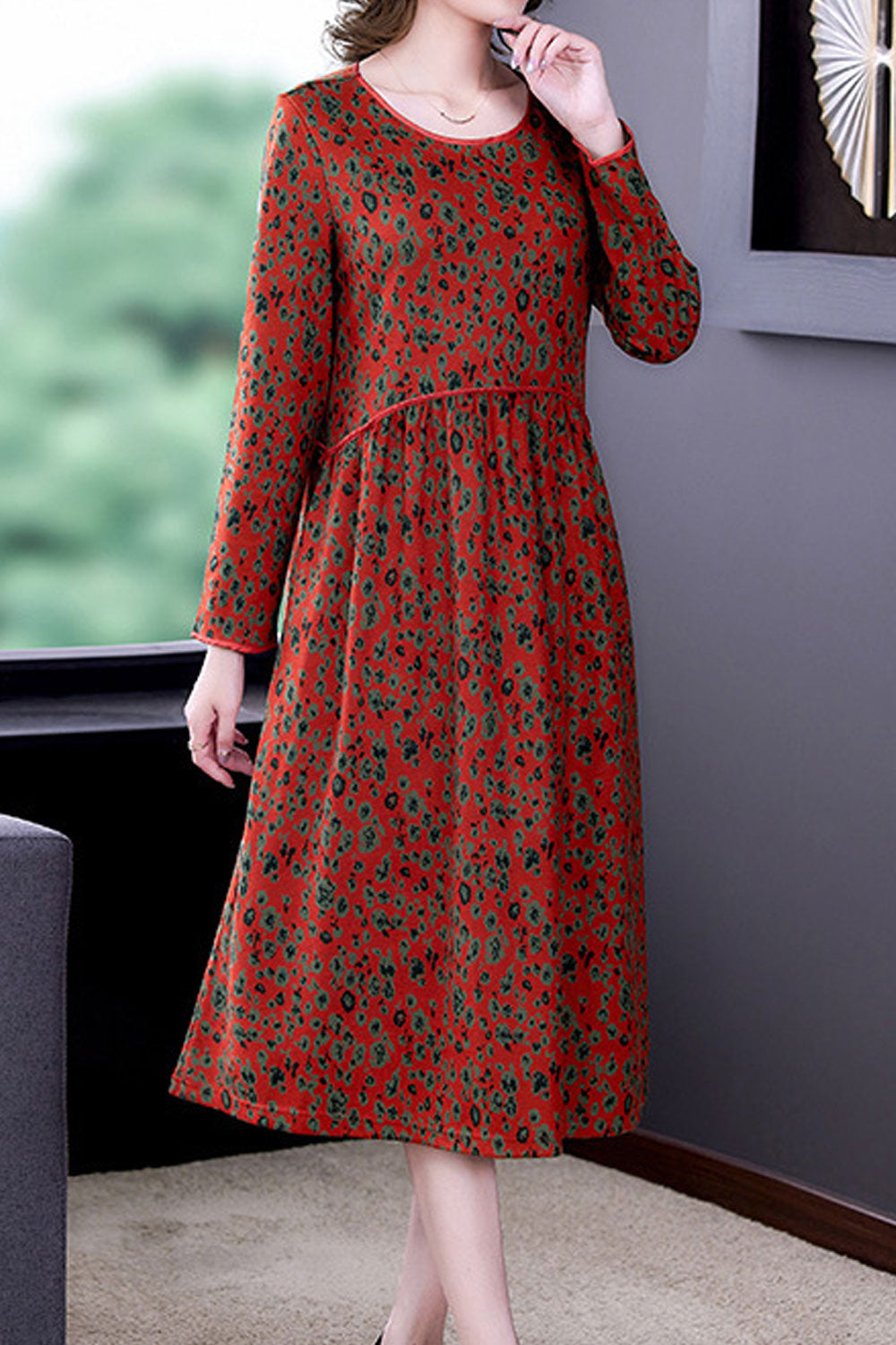 Women Beautiful Round Neck Long Sleeve Mid-Length Splendid Floral Pattern Thin Casual Dress