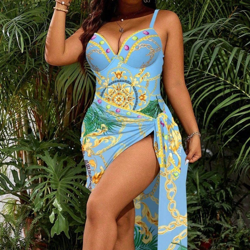 Plus Size Printed Gathered Backless One-Piece Swimsuit for Women