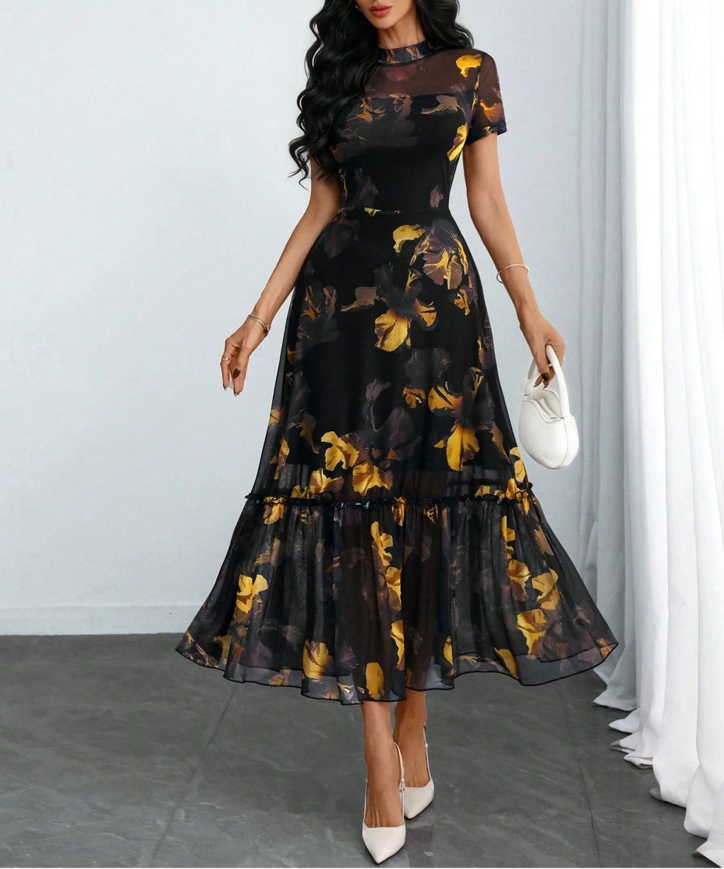 Women's Elegant Printed Mesh Long Dress – New Style Floral Print Maxi Dress with Lightweight Long Sleeves for Casual, Party, Vac