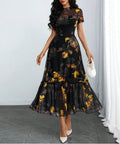 Women's Elegant Printed Mesh Long Dress – New Style Floral Print Maxi Dress with Lightweight Long Sleeves for Casual, Party, Vac