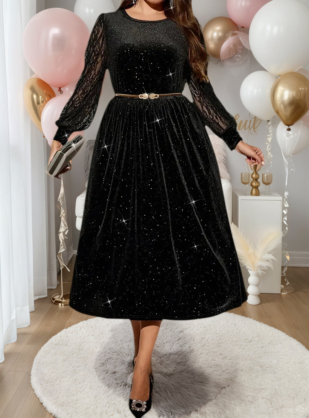 Plus Size Women's Long Sleeve Lace Spliced Midi Dress Elegant Round Neck Casual Party Dress