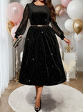 Plus Size Women's Long Sleeve Lace Spliced Midi Dress Elegant Round Neck Casual Party Dress