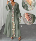 Plus Size Women's V-Neck Lace Ethnic Inspired Flared Midi Dress with Elegant Flowing Silhouette