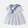 Girls Summer Baby Dress – Navy Style Striped Cartoon Embroidered Letter Princess Dress - RAC26JP5446BATDAS