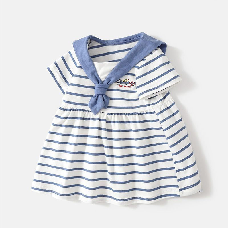 Girls Summer Baby Dress – Navy Style Striped Cartoon Embroidered Letter Princess Dress - RAC26JP5446BATDAS