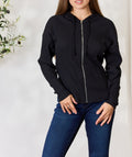 Culture Code Full Size Ribbed Zip Up Drawstring Hooded Jacket