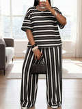 Women’s Black and White Striped Print Loose Fit Drop-Shoulder Short-Sleeve Top and Wide-Leg Pants Set