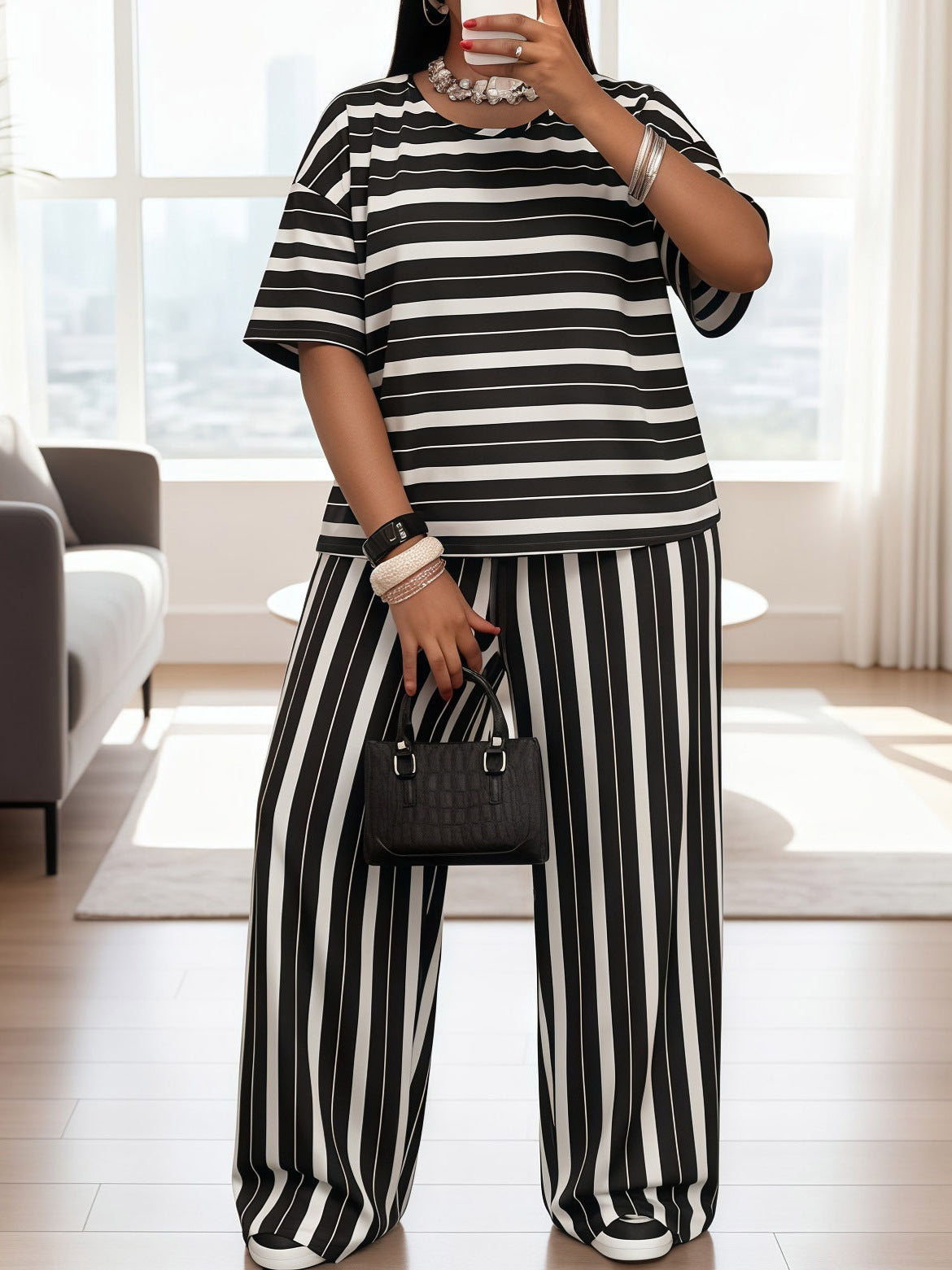 Women’s Black and White Striped Print Loose Fit Drop-Shoulder Short-Sleeve Top and Wide-Leg Pants Set