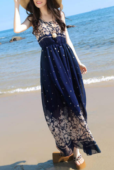 Sleeveless Floral Chiffon Beach Maxi Dress