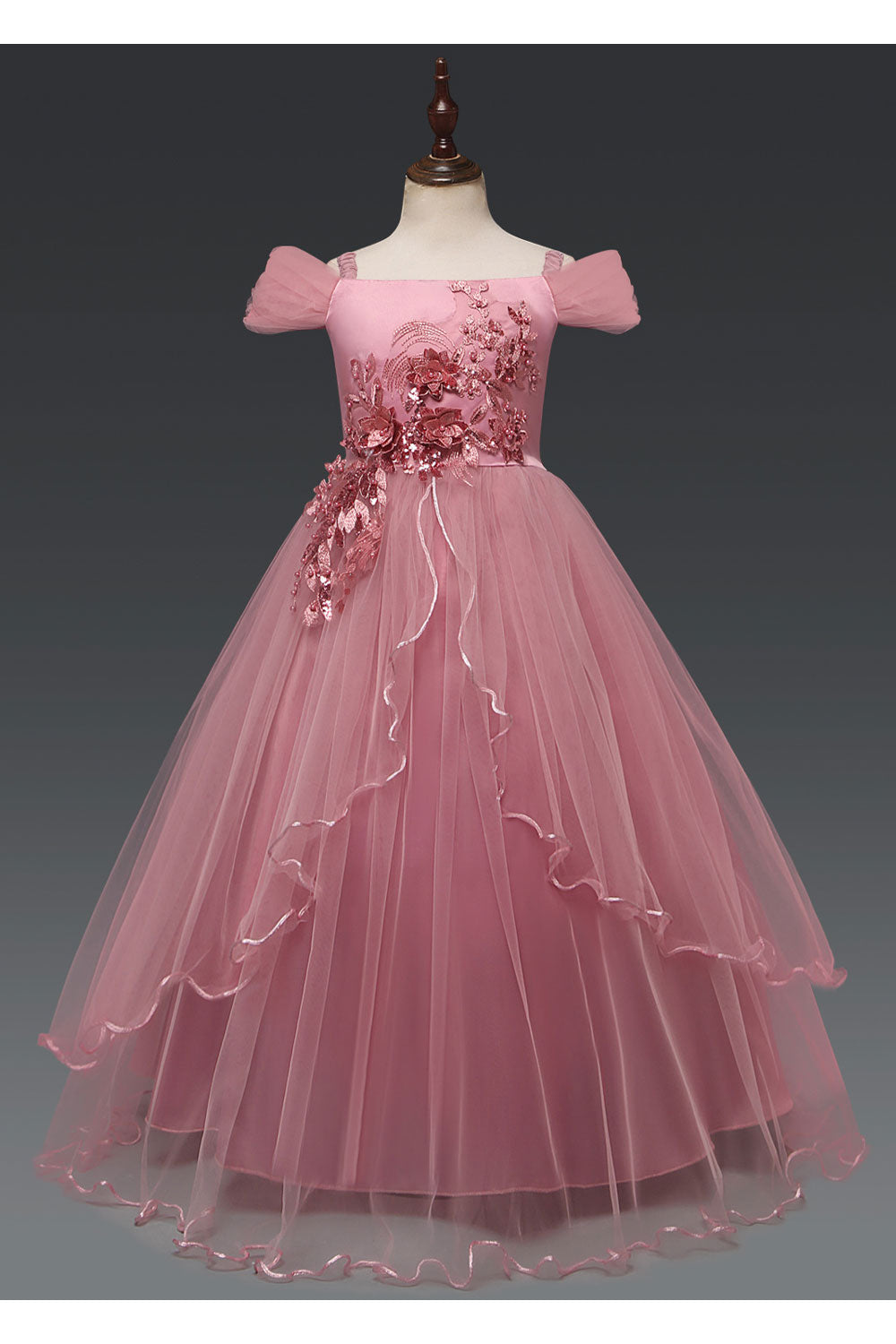 Kids Girls Beautifully Floral Designed Strap Neck Off-Shoulder Sleeve Splendid Princess Dress