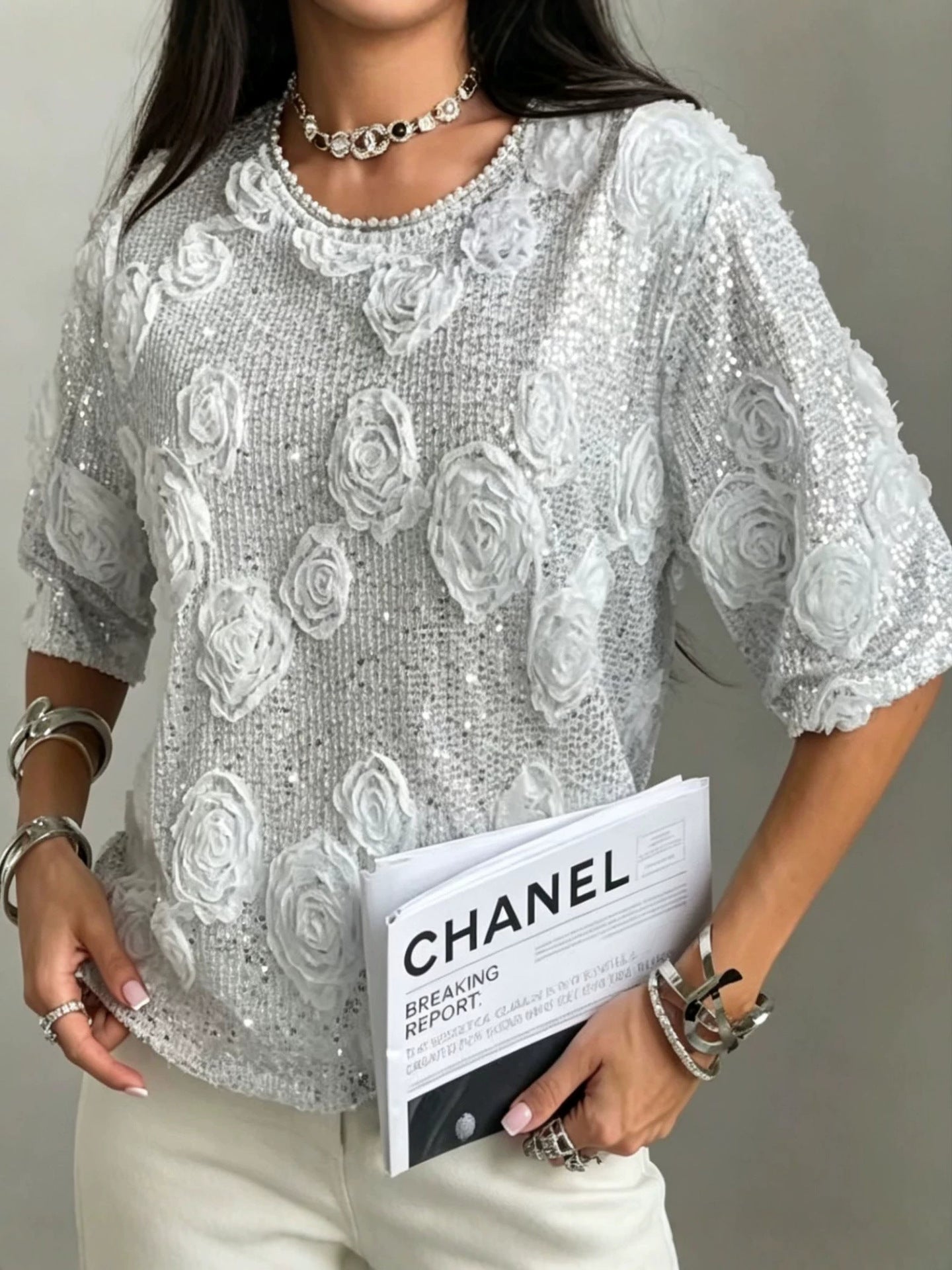 Women's Elegant Sequined Crochet Short Sleeve Top – Round Neck French-Inspired Versatile Blouse