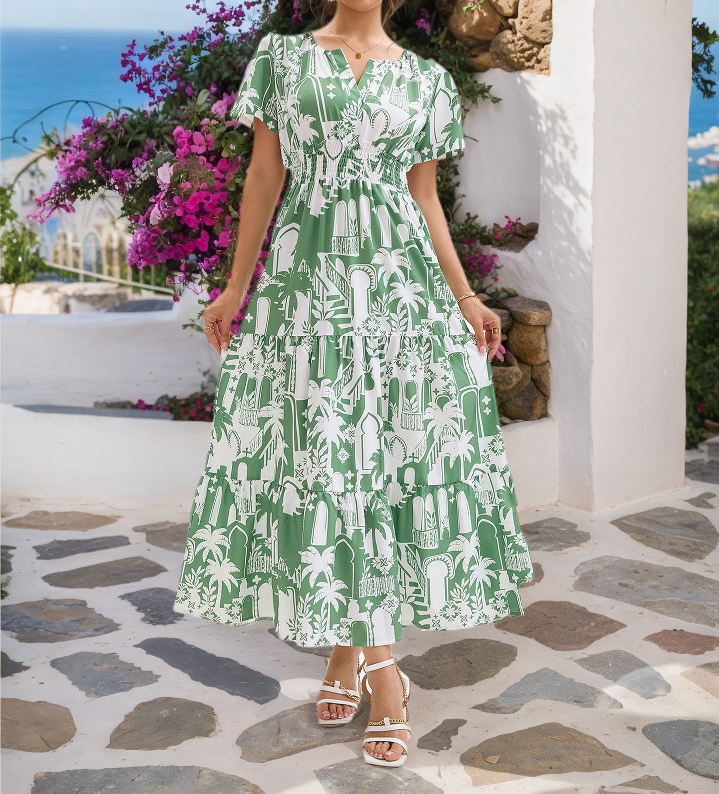 Women's Casual Printed V-Neck Waist-Cinching Summer Holiday Maxi Dress