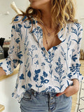 Spring/Summer Elegant Printed V-Neck Button-Down Long Sleeve Loose Fit Women's Shirt
